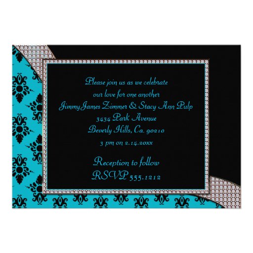 Aqua Blue & Black Damask Gem Sparkle Invitation