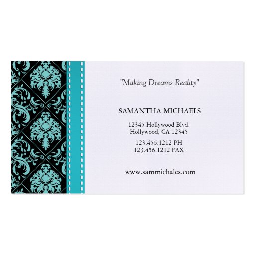 Aqua Blue / Black Damask Monogram Interior Design Business Card (back side)