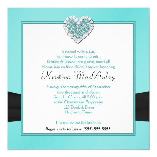 Aqua Blue & Black Glitter Heart Wedding Shower Invitation