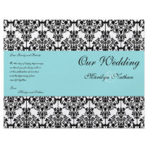 Aqua Blue, Black, White Damask Wedding Program Custom Flyer