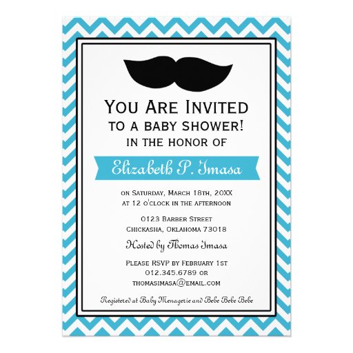 Aqua Blue Boy Moustache Chevron Baby Shower Personalized Invitations