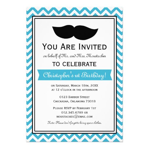 Aqua Blue Boy Moustache Chevron Birthday Party Personalized Invitation