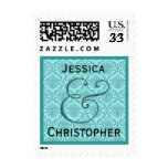 Aqua Blue Bride Groom Damask Wedding Postage Stamps