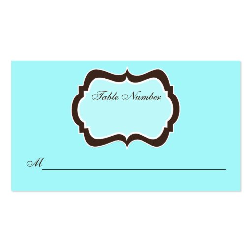 Aqua Blue, Brown, and White Damask Place Card Business Card Templates (front side)