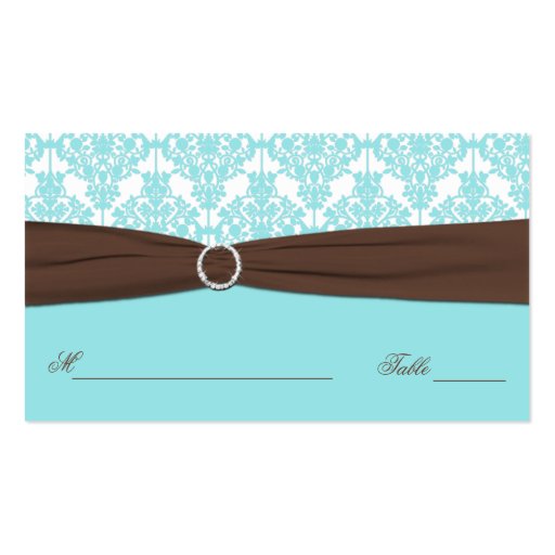 Aqua Blue, Brown, White Damask Place Card Business Card Templates (back side)