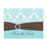 Aqua Blue, Brown, White Damask Save the Date Card Post Card