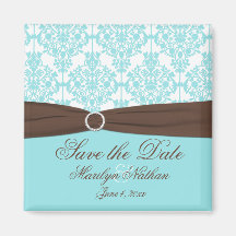 Aqua Blue, Brown, White Damask Save the Date Fridge Magnets