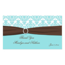 Aqua Blue, Brown, White Damask Wedding Favor Tag Business Card