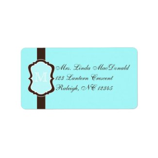 Aqua Blue, Brown, White Monogrammed Address Label label