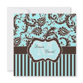 Aqua Blue Brown White Striped Damask Invitation invitation