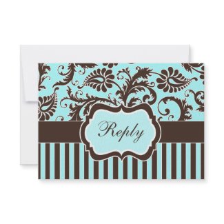 Aqua Blue, Brown, White Striped Damask Reply Card invitation