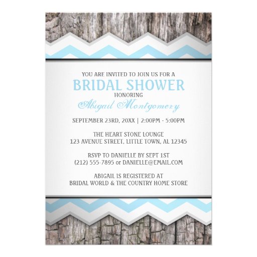 Aqua Blue Chevron & Wood Rustic Bridal Shower Personalized Invitation