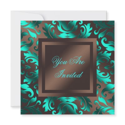 Aqua Blue Chocolate Brown Damask Party Invitations by Pure_Elegance