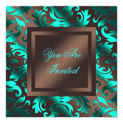Aqua Blue Chocolate Brown Damask Party Invitations