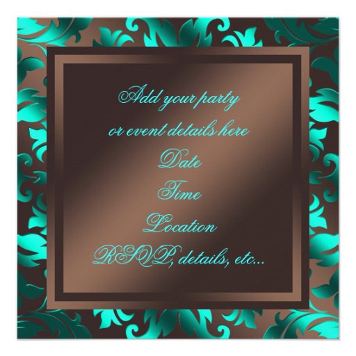 Aqua Blue Chocolate Brown Damask Party Invitations