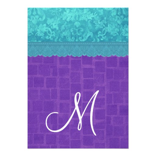 Aqua Blue Damask and Purple Wedding A004 Invitation