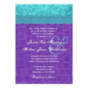 Aqua Blue Damask and Purple Wedding A004 Invitation