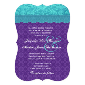 Aqua Blue Damask and Purple Wedding Template A06 5x7 Paper Invitation Card