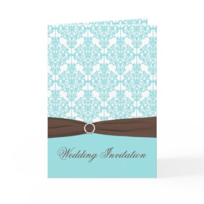 Aqua Blue Damask Card Style Wedding Invite by NiteOwlStudio