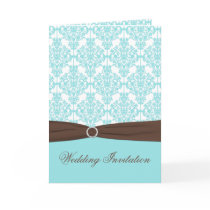 Aqua Blue Damask Card Style Wedding Invite