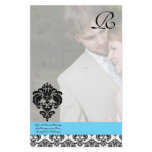 Aqua Blue Damask Monogram Wedding Stationery