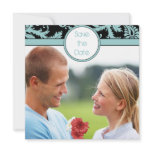 Aqua Blue Damask on Black Wedding Invitation