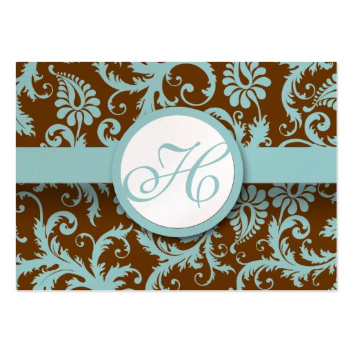 Aqua Blue Damask on Brown Damask Wedsite Cards Business Cards (back side)