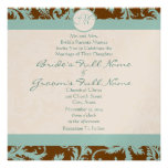 Aqua Blue Damask on Brown Wedding Invitation
