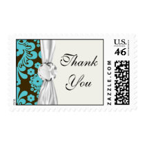 aqua blue damask pattern postage stamp