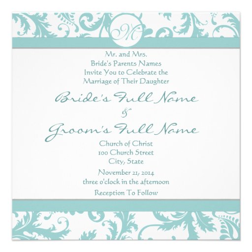 Aqua Blue Damask Swirls Wedding Invitation