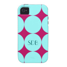 Aqua Blue Dots on Magenta Monogram Tough iPhone 4  Vibe iPhone 4 Cases