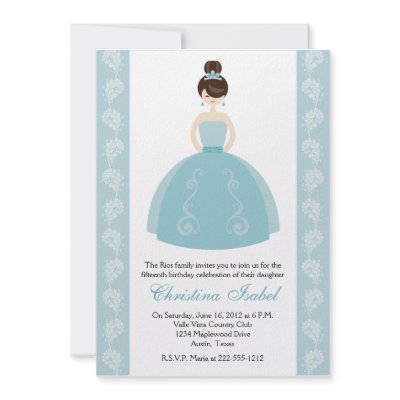 Aqua Blue Dress Brunette Quinceanera Invitations by OccasionInvitations