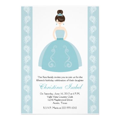 Aqua Blue Dress Brunette Quinceanera Invitations (10-pack)