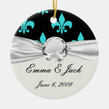 aqua blue fleur de lis pattern christmas tree ornaments