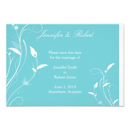 Aqua Blue Floral Filigree Wedding Save the Date Personalized Invitations