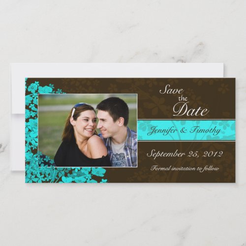 Aqua blue floral save the date wedding photocard photocard