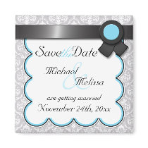 Aqua Blue & Gray Damask Save the Date Magnet magnets