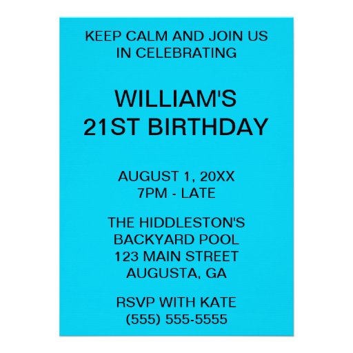 Aqua Blue Keep Calm and Carry On Personalized Invite
