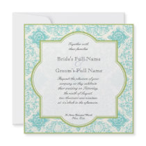 Aqua Blue Lime Iris Quatrefoil Wedding Invite