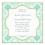 Aqua Blue Lime Toile Quatrefoil Wedding Invite