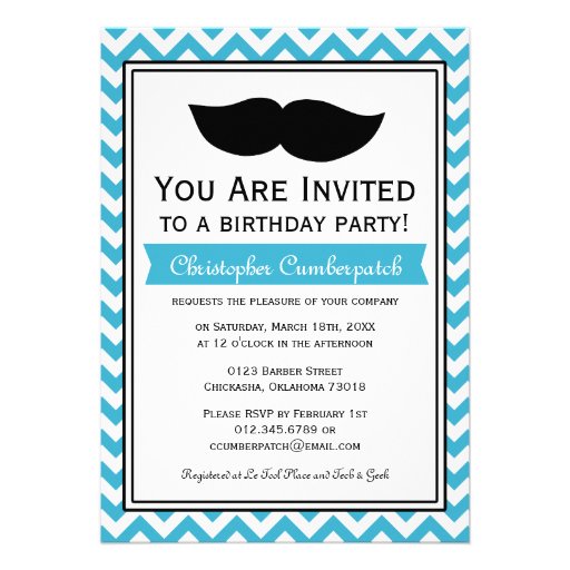 Aqua Blue Moustache Chevron Birthday Party Personalized Invites