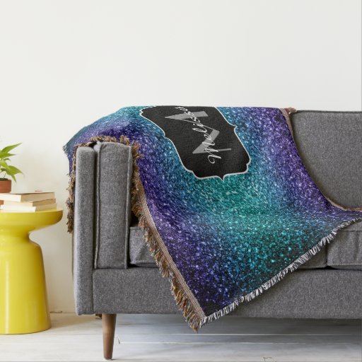 Aqua blue Ombre glitter sparkles Monogram Throw Blanket Zazzle