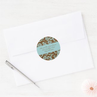Aqua Blue on Brown Damask Address Wedding Stickers sticker