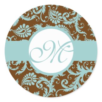 Aqua Blue on Brown Damask Wedding Stickers sticker