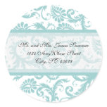 Aqua Blue on White Damask Address Wedding Stickers