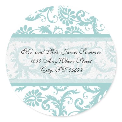 Aqua Blue on White Damask Address Wedding Stickers