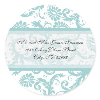 Aqua Blue on White Damask Address Wedding Stickers sticker
