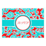 Aqua Blue, Red, White Damask RSVP Card Personalized Announcements