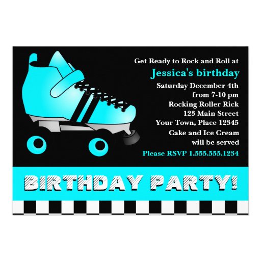 Aqua Blue Roller Skate Birthday Party Custom Invitations