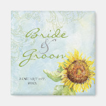 Aqua Blue Sunflower Floral Swirl Modern Wedding Fridge Magnets